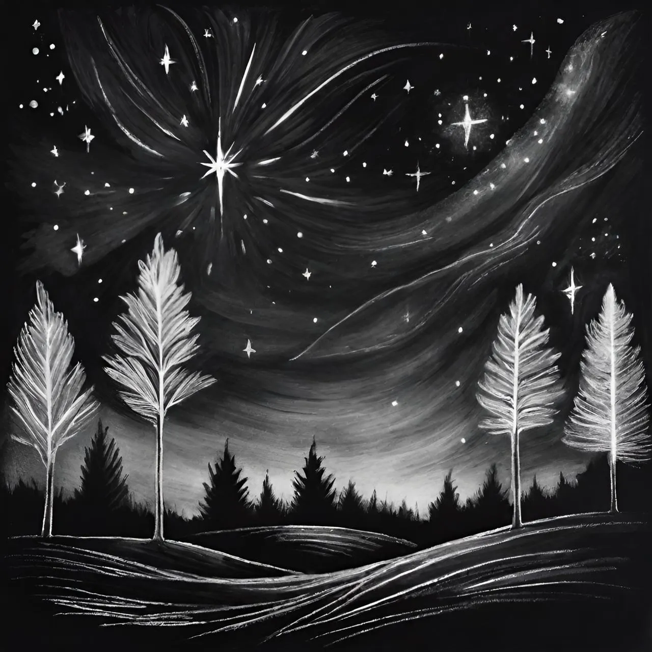 a painting of a night sky with stars and trees