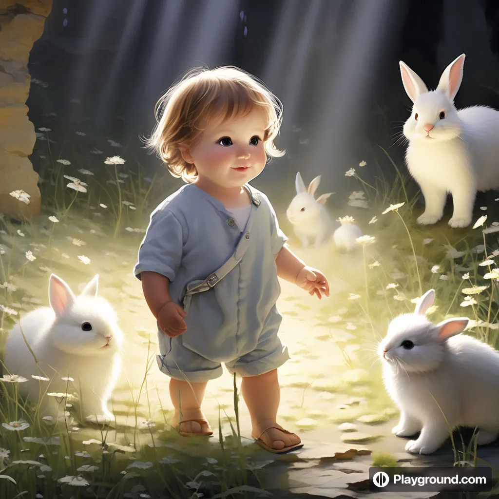 a little girl standing in a field with rabbits