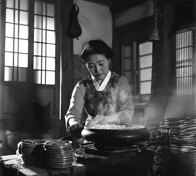 a woman cooking food in a wok on a table