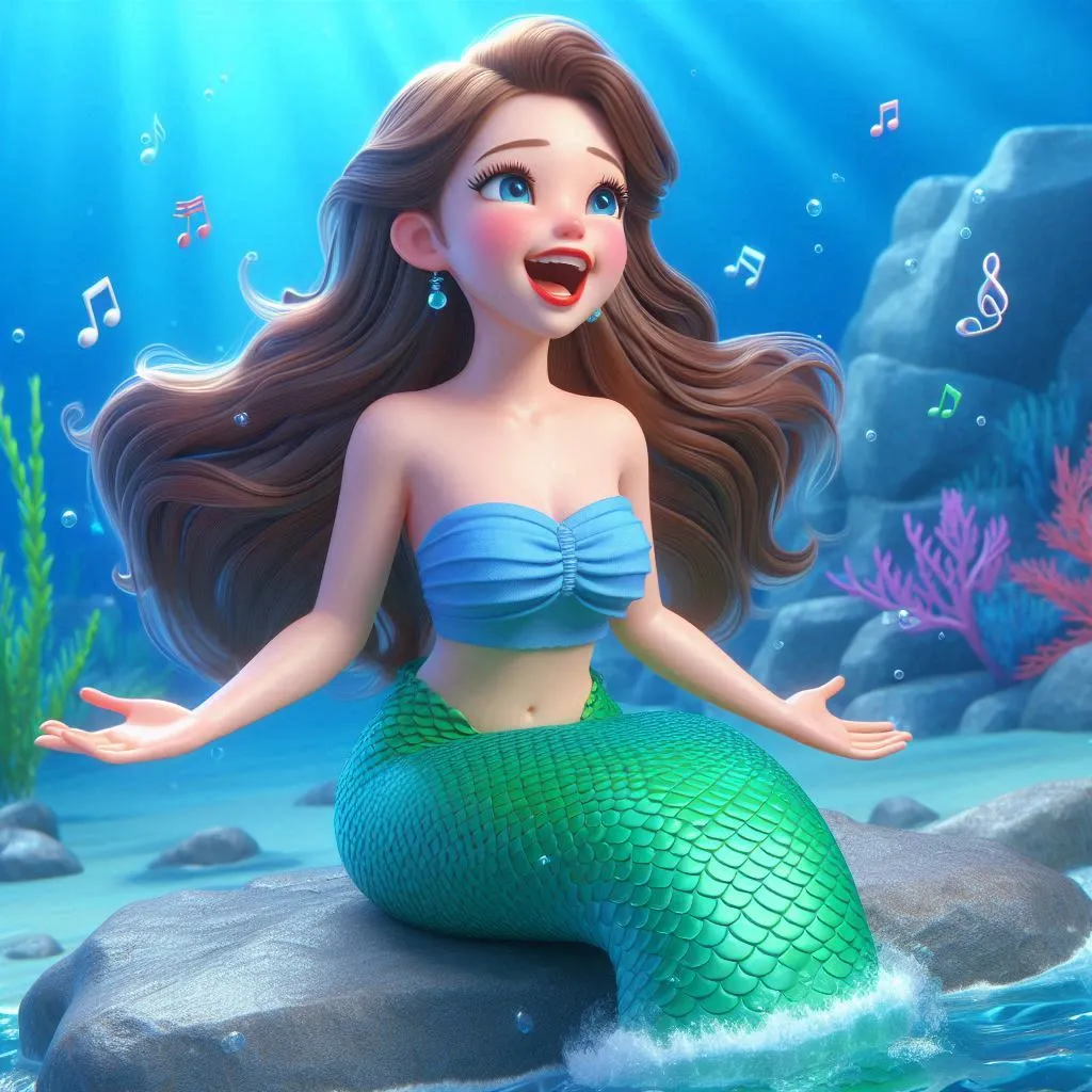 a beautiful mermaid wearing blue  tube blouse,  green tail swiiming under the sea sitting on stone singing happily 3D animation cartoon  zoom in 