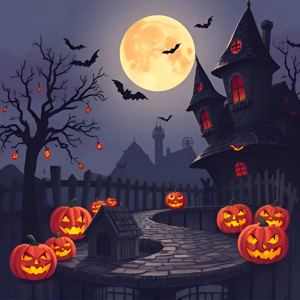 a halloween scene with pumpkins and a full moon