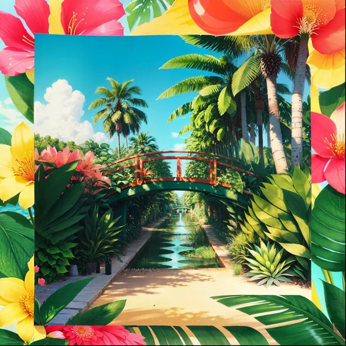 a painting of a bridge over a river surrounded by palm trees