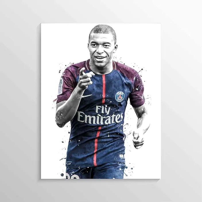 a painting of kylian mbappe holding a soccer ball