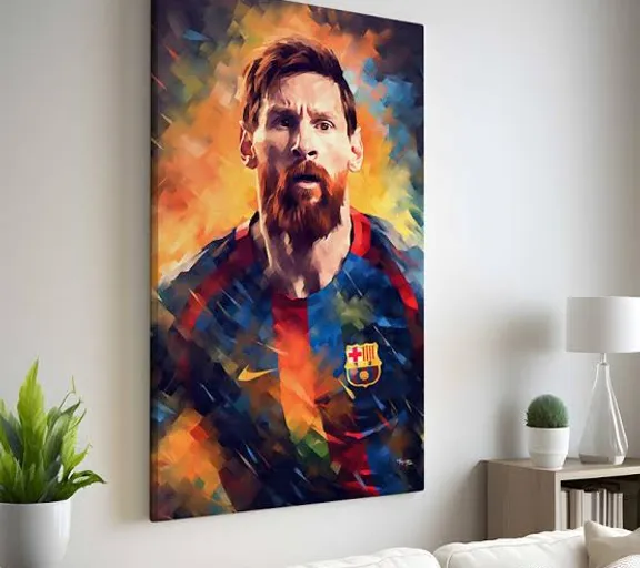 a painting of messi in a living room