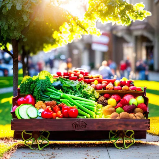 a wooden cart filled with lots of different types of fruits and vegetables