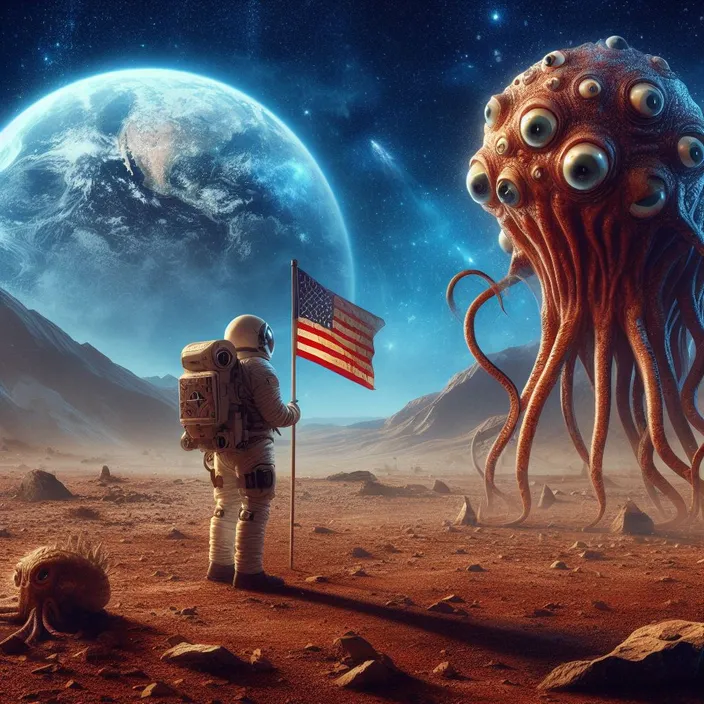 a man standing on top of a dirt field next to an octopus