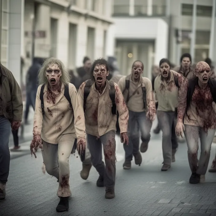 a group of zombies walking down a street