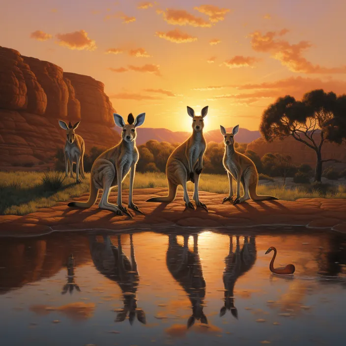 a painting of a group of kangaroos by a lake