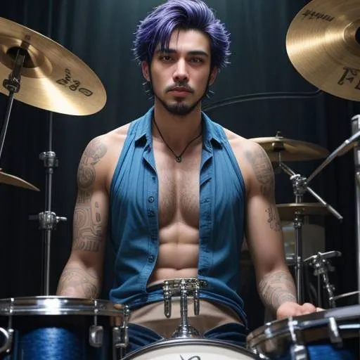 a shirtless man with purple hair sitting in front of a drum set