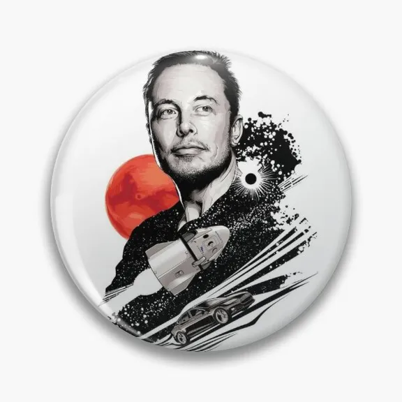 a button with a picture of a man holding a rocket