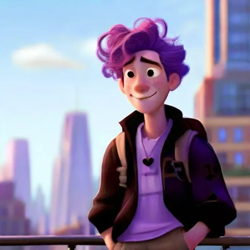 a young man with purple hair standing in front of a cityscape