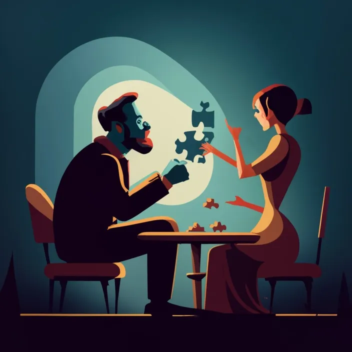 a man and a woman sitting at a table with puzzle pieces