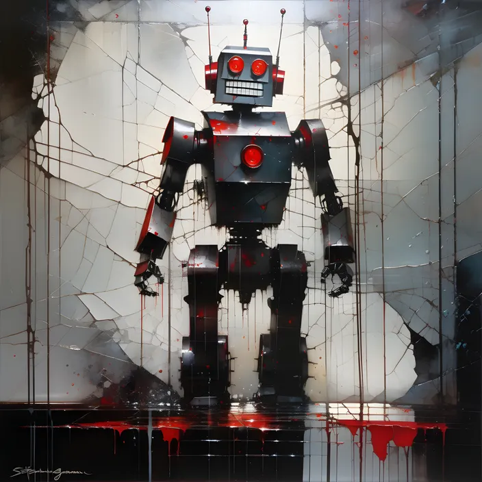 a robot standing in front of a broken glass wall