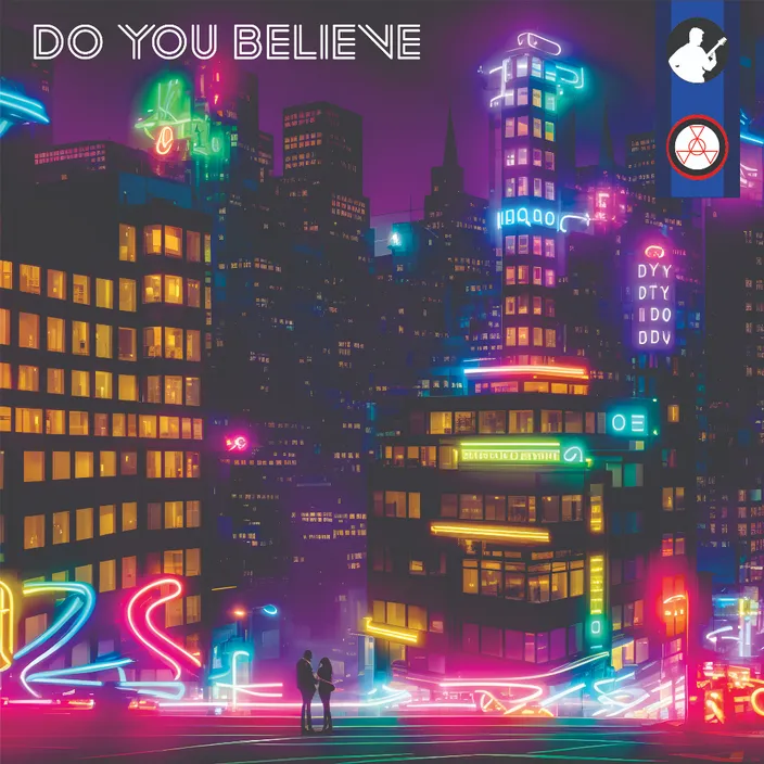 a couple of people standing in front of a city at night