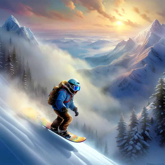 a man riding a snowboard down a snow covered slope