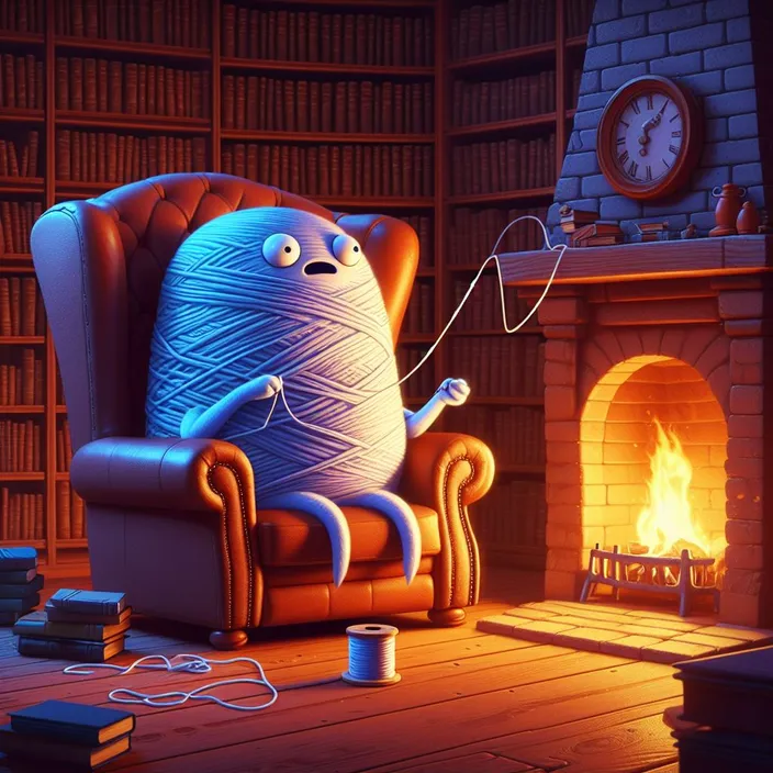 a cartoon character sitting in a chair in front of a fire place. the fire burns peacefully, the clock hands move as time passes