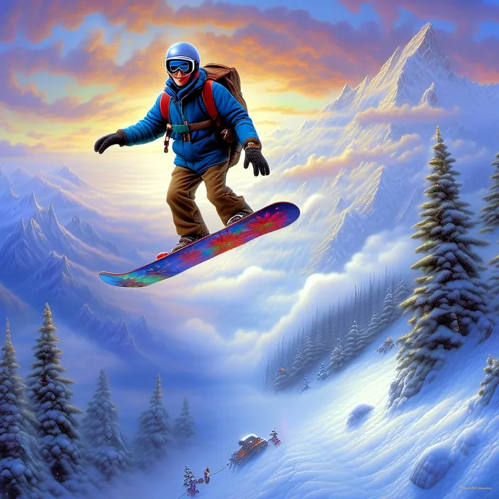 a man flying through the air while riding a snowboard