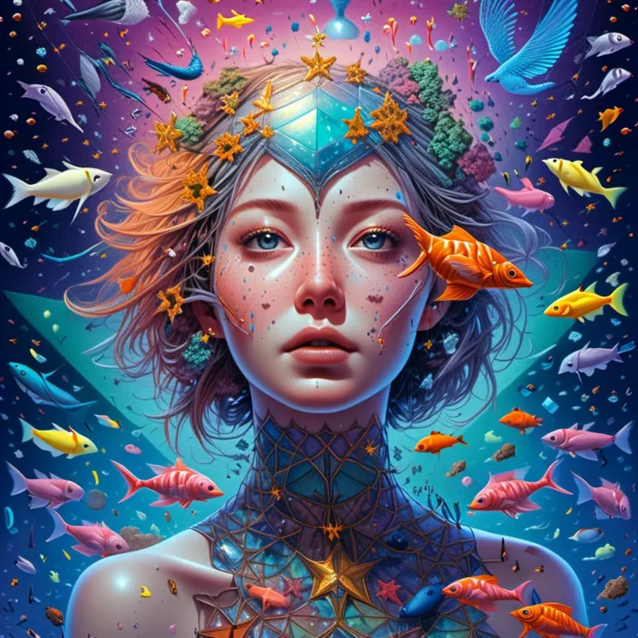 a painting of a woman surrounded by fish