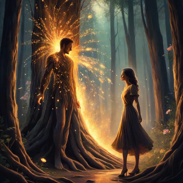 a woman standing next to a man in a forest