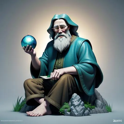 a man sitting on a rock holding a crystal ball