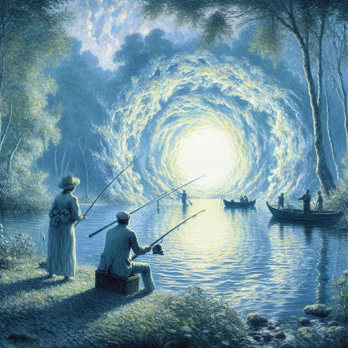 a painting of two people fishing in a lake