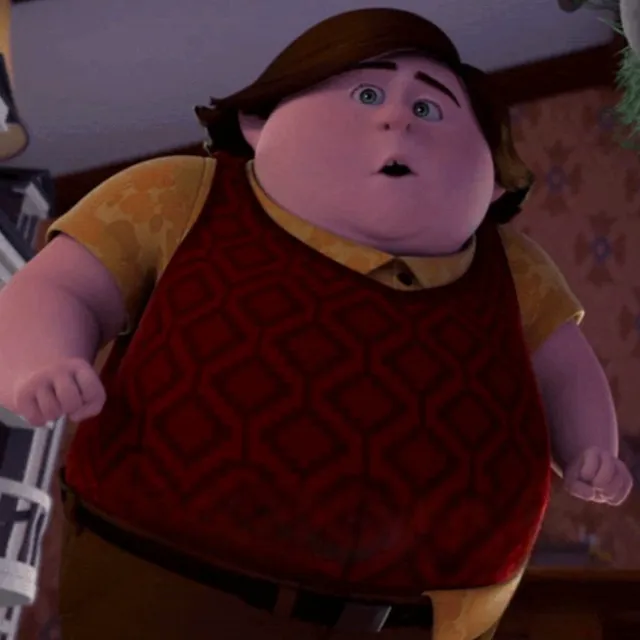 a cartoon character with a red apron on