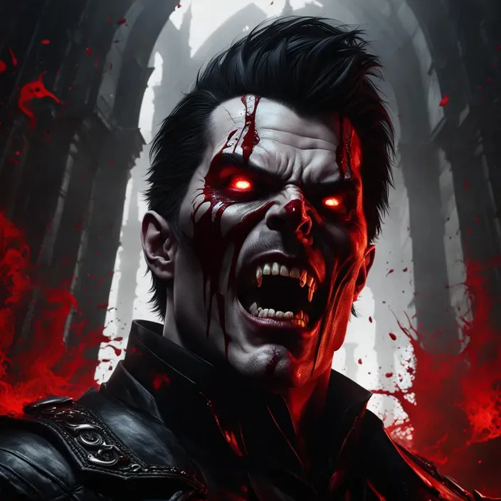 a demonic looking man with red eyes and blood on his face