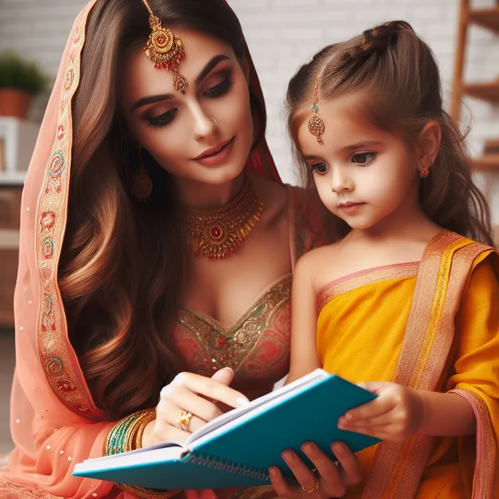 a woman and a little girl dressed in indian garb