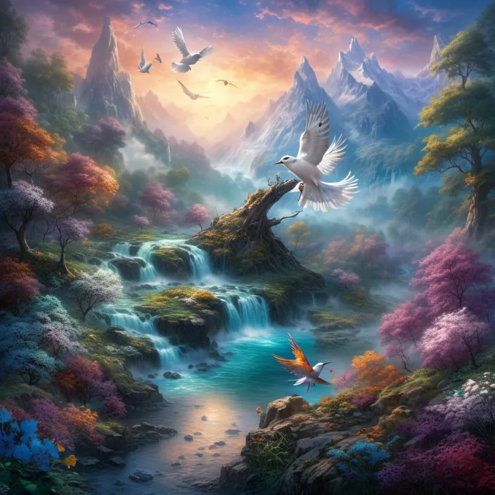 a painting of birds flying over a waterfall