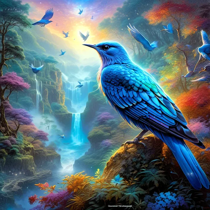 a painting of a blue bird perched on a rock