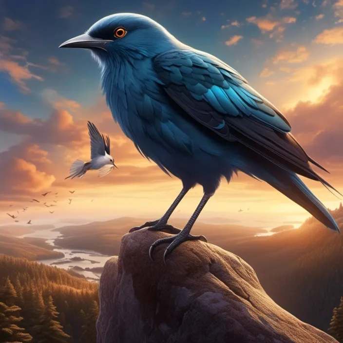 a painting of a blue bird perched on a rock