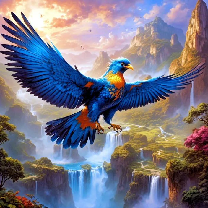 a painting of a blue bird flying over a waterfall