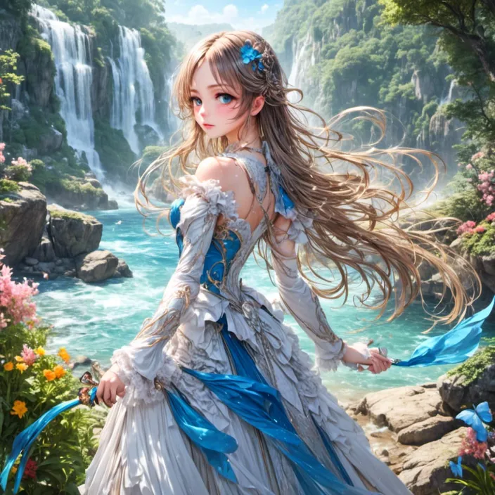 a woman in a dress standing in front of a waterfall