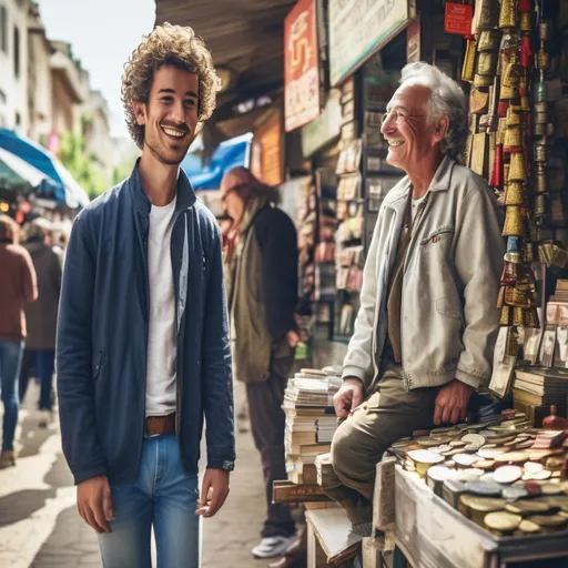 a man standing next to an older man on a street