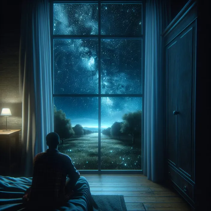 a person sitting on a bed looking out a window at the night sky