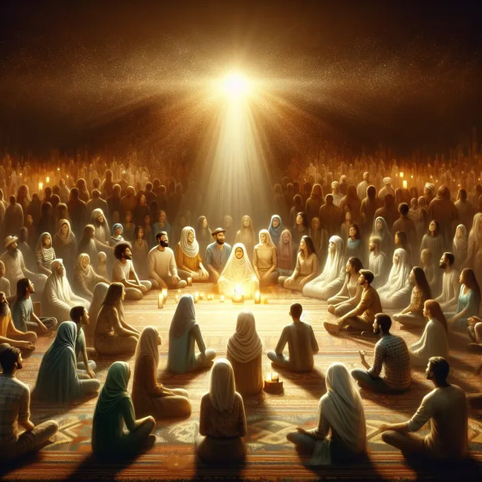 a large group of people sitting in a circle in front of a bright light