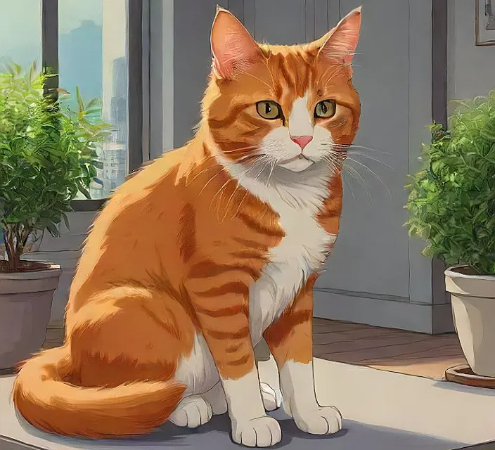 an orange and white cat sitting on a porch next to a potted plant