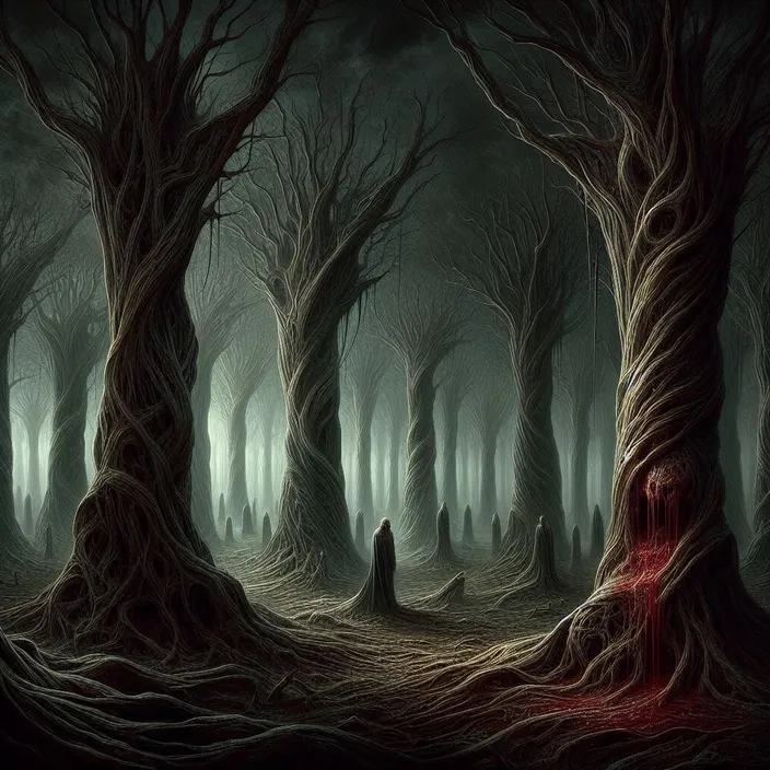 a dark forest with a person standing in the middle of it