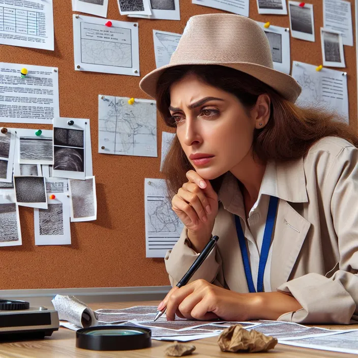 a woman sitting at a desk with a hat on