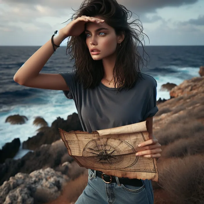 a woman holding a map near the ocean