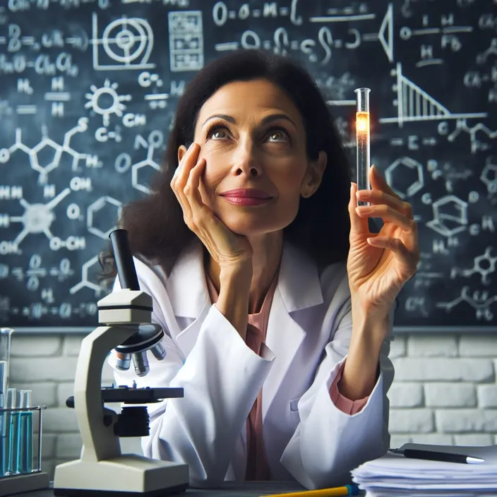 a woman in a lab coat holding a test tube