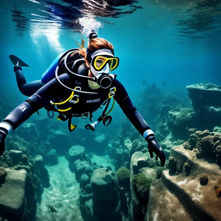 a woman scubas in the ocean with a mask on