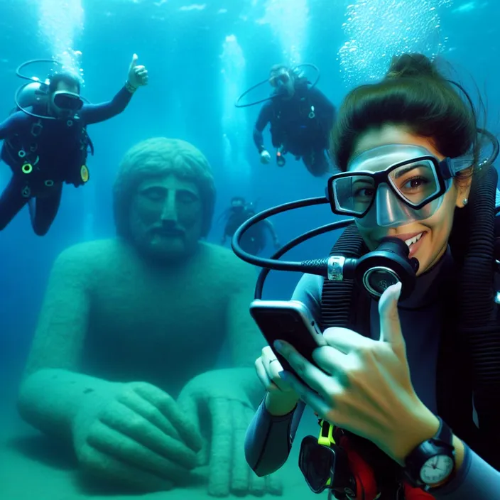 a woman in scuba gear holding a cell phone in front of a statue