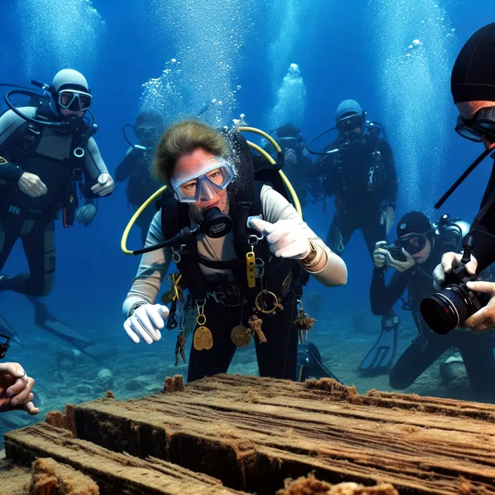 a group of people in scuba gear standing around a wooden plank