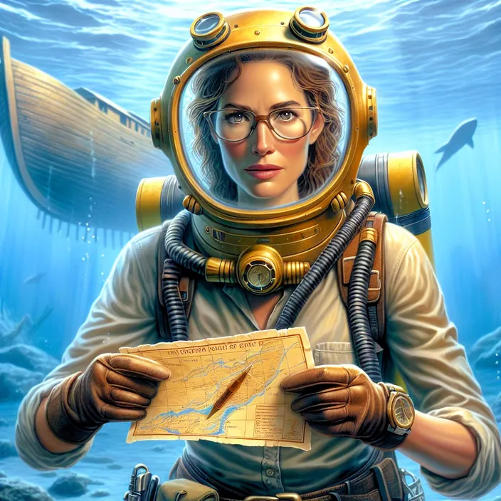 a woman in a diving suit holding a map