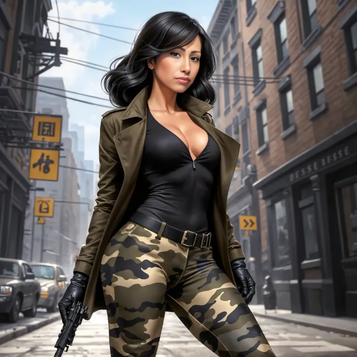 a woman in camouflage pants and a jacket holding a gun