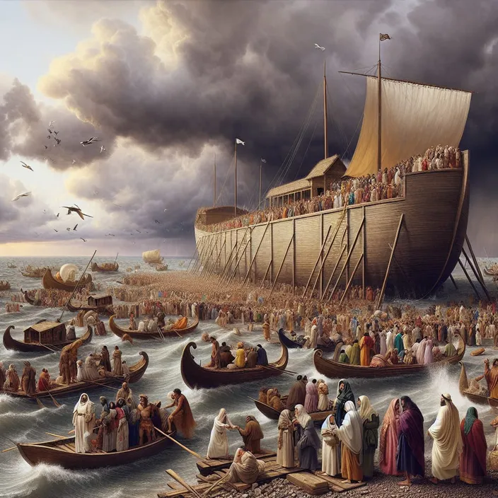 a painting of a large boat full of people