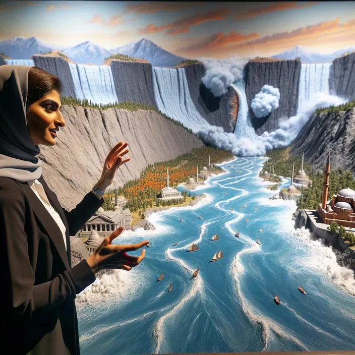 a woman standing in front of a painting of a waterfall