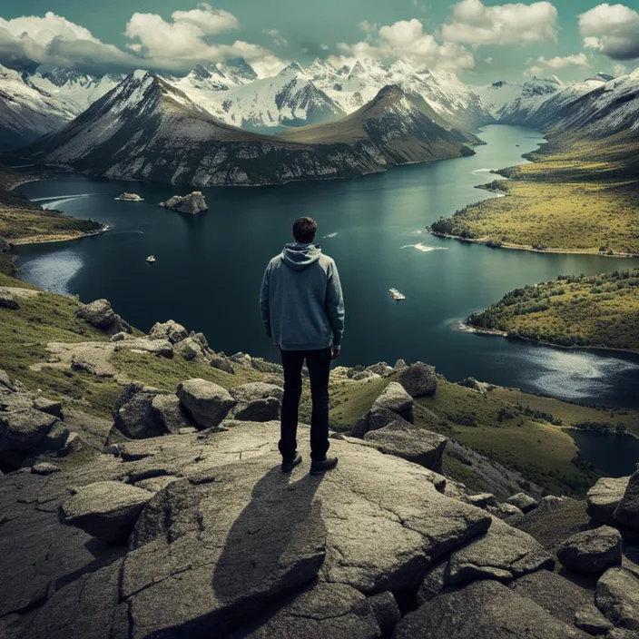 a man standing on top of a mountain overlooking a lake