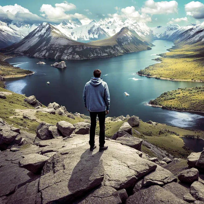 a man standing on top of a mountain overlooking a lake